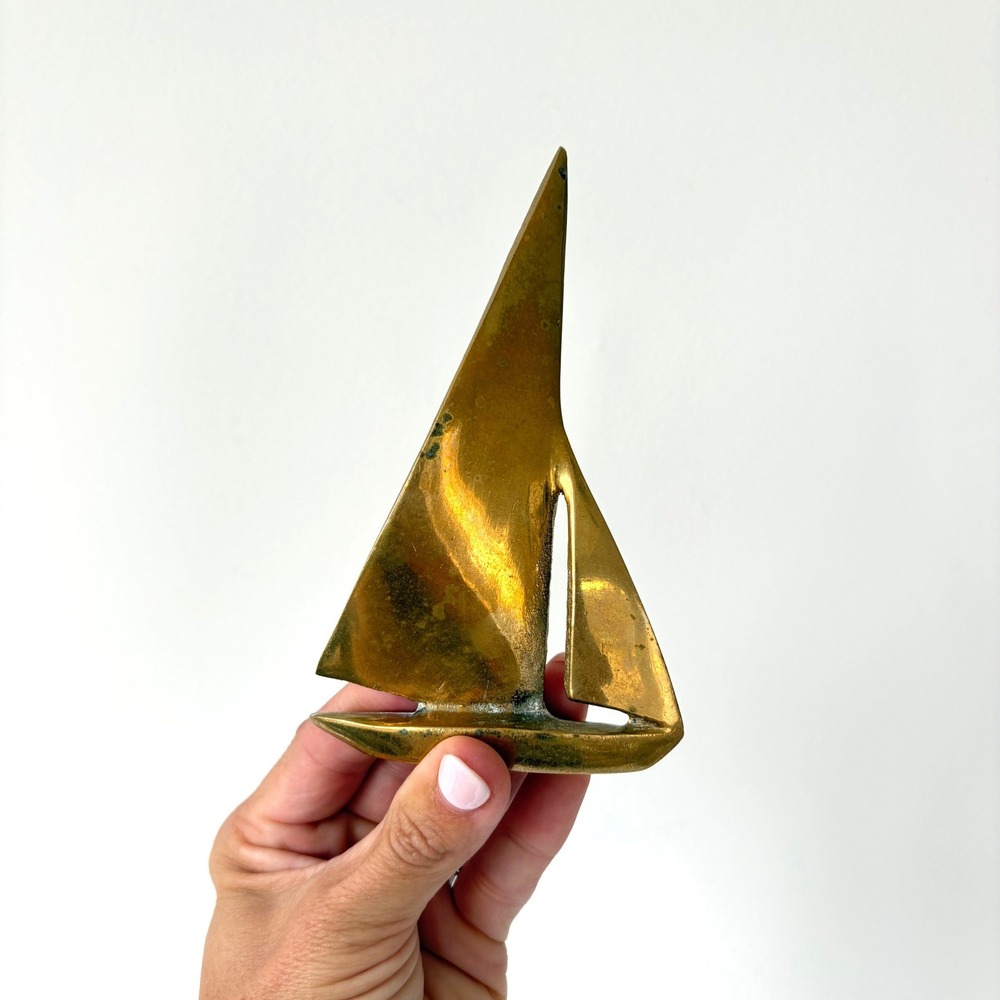 Vintage Solid Brass Sailboat Figurine Nautical Coastal Mid Century Decor 6.5in